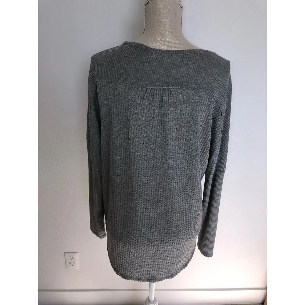 Gibson Look  Gray Dolman Mixed Rib Waffle Knit Henley Top - S - Picture 4 of 6